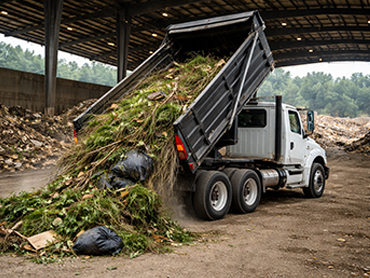 Commercial flat bed truck unloading a mixed load of debris at a recycling facility